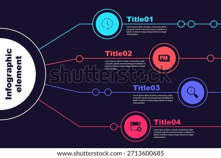Set Clock, PM, Magnifying glass with clock and Calendar date delete. Business infographic template. Vector
