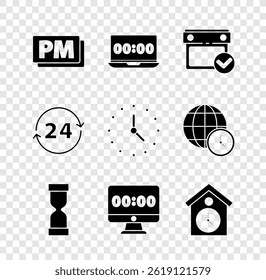 Set Clock PM, on laptop, Calendar with check mark, Old hourglass, monitor, Retro wall watch, 24 hours and  icon. Vector