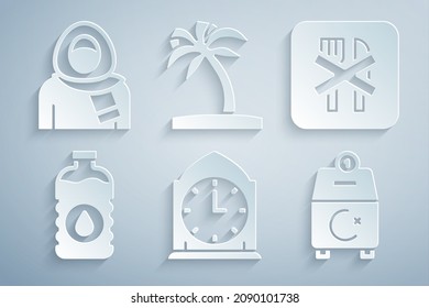 Set Clock, Ramadan fasting, Bottle of water, Donate or pay your zakat, Tropical palm tree and Muslim woman hijab icon. Vector