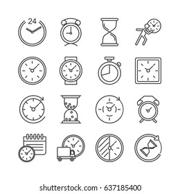 Set of clock Related Vector Line Icons. Includes such icons as hourglass, wristwatch, dial, clock, time
