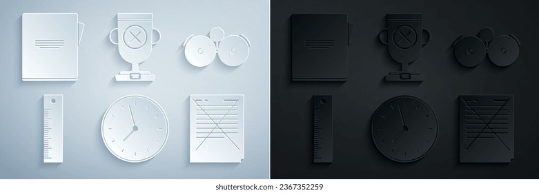 Ajuste el reloj, Sonido de la alarma, Regla, Papel de examen con respuestas incorrectas sonorizadas, Premio y icono del bloc de notas. Vector