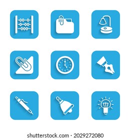 Set Clock, Ringing bell, Light bulb, Fountain pen nib, Pen, Paper clip, Table lamp and Abacus icon. Vector