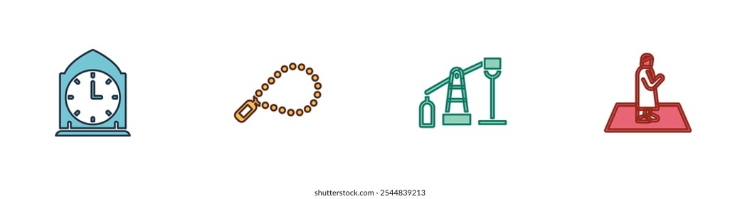 Set Clock, Rosário contas religião, bomba de óleo ou bomba jack e homem muçulmano reza ícone. Vetor