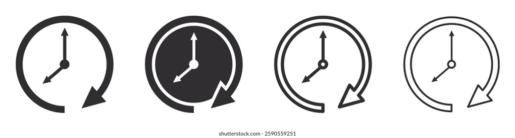Set of clock and rotating time arrow icons. Rotating time arrow symbol. Vector time and clock icon. EPS10.