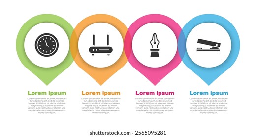 Set Clock, Router and wi-fi signal, Fountain pen nib and Office stapler. Business infographic template. Vector