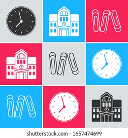 Ajuste el icono de reloj, edificio escolar y clip de papel. Vector