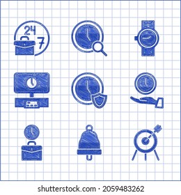 Set Clock with shield, Ringing bell, Target sport, Work time, Smart Tv, Wrist watch and Always busy icon. Vector