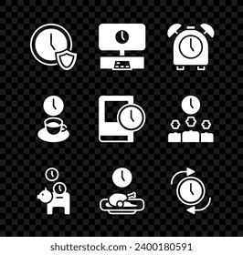 Set Clock with shield, Smart Tv time, Alarm clock, Piggy bank coin, Food, arrow, Coffee and Time for book icon. Vector