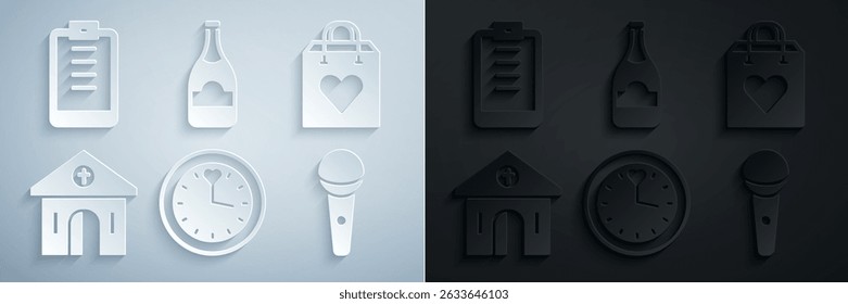 Set Clock, Shopping bag with heart, Church building, Microphone, Champagne bottle and Clipboard checklist icon. Vector