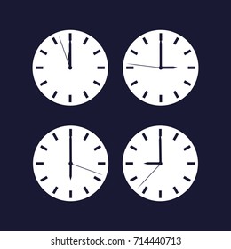 Set of clock showing different time. Vector white icon on dark blue background.