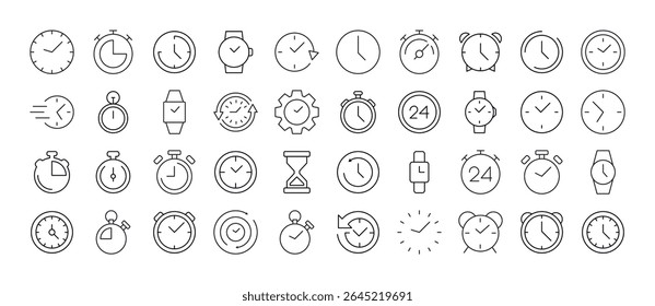Conjunto de Relógio, Relógio Inteligente, Relógio Despertador, Temporizador Ícones de Linha Relacionados. Outline Signs para Gráficos e Web Design, Apps, Anúncios, Vários Cartões 