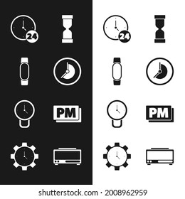 Set Clock, Smartwatch, 24 hours, Old hourglass, PM, Digital alarm clock and Time Management icon. Vector