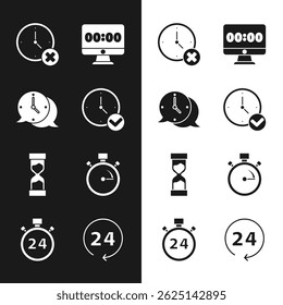 Set Clock, speech bubble, delete, on monitor, Old hourglass, Stopwatch, 24 hours and  icon. Vector
