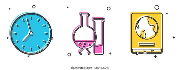 Set Clock, Test tube and flask chemical laboratory test and World map on a school blackboard icon. Vector