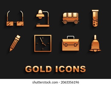 Set Clock, Test tube and flask chemical laboratory, Ringing bell, Briefcase, Pencil with eraser, School Bus, Glasses and Table lamp icon. Vector