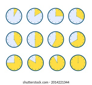 Set of clock time. Different time on the clock in minutes. Vector illustration.