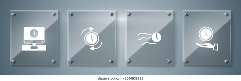 Set Clock, Time flies on the clock, with arrow and Monitor time. Square glass panels. Vector