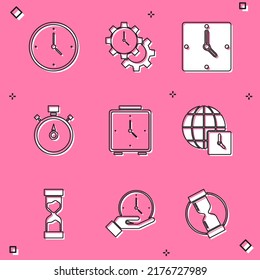 Set Clock, Time Management, Stopwatch, Alarm clock, World time, Old hourglass and  icon. Vector