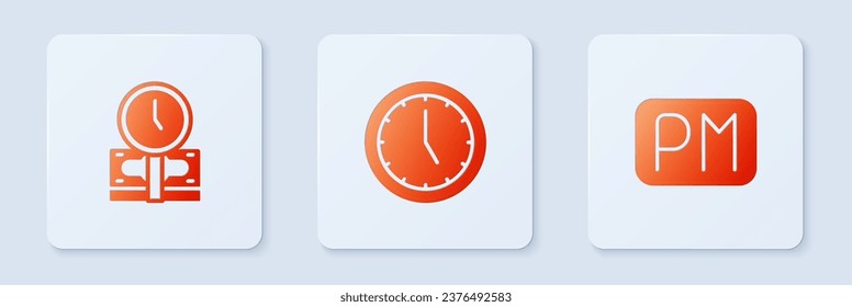 Set Clock, Time es dinero y Day time. Botón cuadrado blanco. Vector