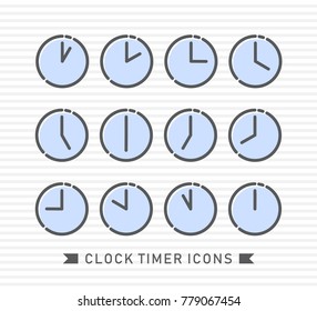 Set of clock timer icon vector illustration on gray background.
