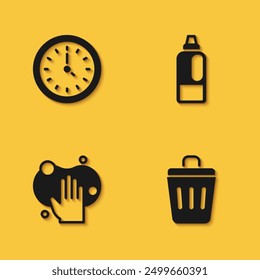 Set Clock, Trash can, Sponge and Bottle for detergent icon with long shadow. Vector