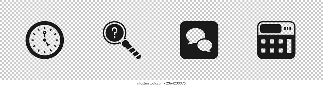 Set Clock, Unknown search, Speech bubble chat and Calculator icon. Vector