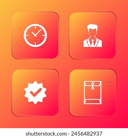 Set Clock, User of man in business suit, Approved and check mark and Envelope icon. Vector