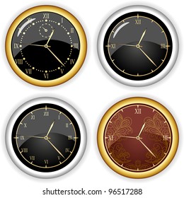 A set of clock, varying in color and design.