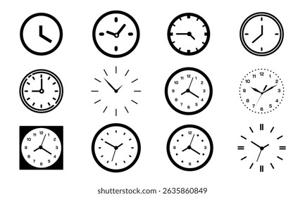 Conjunto de reloj, reloj, diseño de logotipo de icono de tiempo. Contorno negro y plano. aislado sobre fondo blanco. Vector