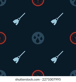 Set Clock, Water drop and Handle broom on seamless pattern. Vector