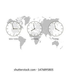 Set of clock. World time on a world map. Timezone clock. Vector illustration