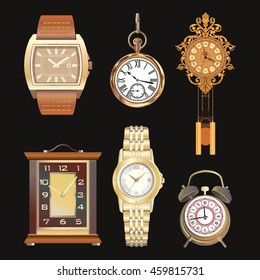 A set of clocks. Beautiful set of detailed illustrations of different clocks. Wall, table, watches. Retro style. Vector illustranion