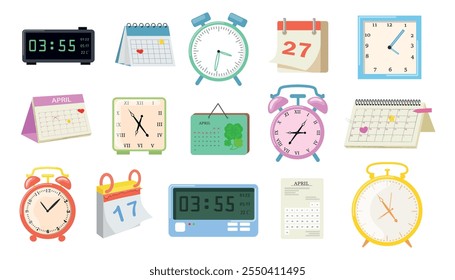 Set of clocks and calendars, alarm clocks in cartoon style. Vector illustration of various flip, tear-off calendars, wall clocks, alarm clocks isolated on white background. Determining time, planning.