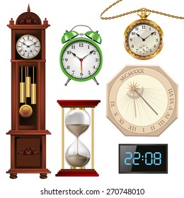 Set of clocks collection isolated on white. Vector illustration.