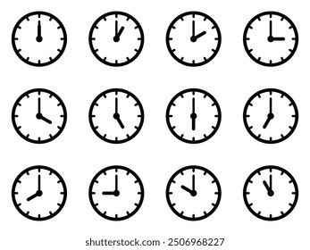 Set of clocks for every hour isolated on white background