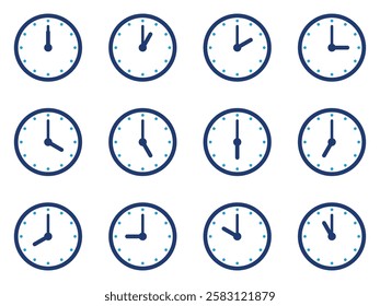 Set of clocks for every hour isolated on white background