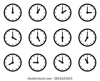Set of clocks for every hour isolated on white background