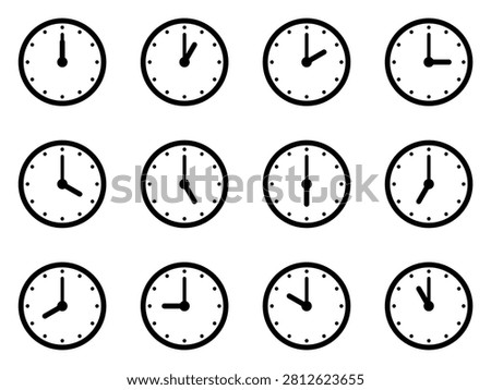Set of clocks for every hour isolated on white background