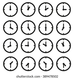 A set of clocks for every hour and some thirty minutes.