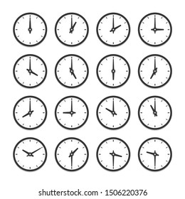 Set of clocks for every hour vector icon set. Isolated illustration on white background