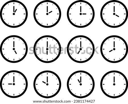 Set of clocks for every hour. Vector set of glyph clocks. clock collection for every hour