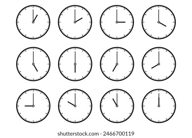 Juego de relojes por cada hora. Conjunto de relojes con diferentes tiempos. Reloj aislado sobre fondo blanco. Icono de reloj aislado. Ilustración vectorial