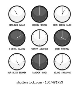 Set of clocks for every timezone vector icon set. 9 time zones for eastern hemisphere. Isolated illustration on white background