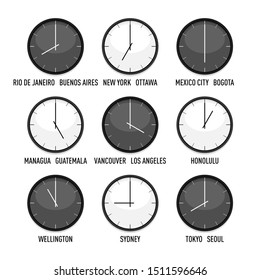 Set of clocks for every timezone vector icon set. 9 time zones for western hemisphere. Isolated illustration on white background