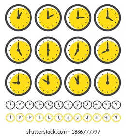 Set of Clocks Icons for Every Hour Isolated on White. Vector Illustration. Clocks with Yellow Circle.
