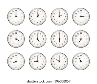 Set of clocks icons for every hour of day isolated on white