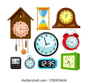 Set of Clocks Icons Isolated on White Background. Cuckoo Clock, Sand Hourglass and Electronics Watch with Digital Dial, Alarm and Stopwatch. Time Measuring Equipment. Cartoon Vector Illustration