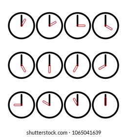 set of clocks indicating the hours of the day from 12 to 11