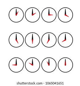 Set of clocks indicating the hours of the day, minute hand and seconds hand