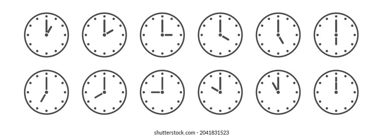 conjunto de relojes que indican la hora cada hora. Ilustración vectorial para sitios web y aplicaciones. Estilo plano.